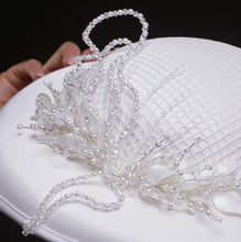 Load image into Gallery viewer, Elegant White Bridal Hat with Beaded Flower Detail