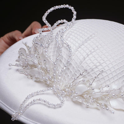 Elegant White Bridal Hat with Beaded Flower Detail