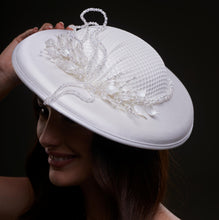 Load image into Gallery viewer, Elegant White Bridal Hat with Beaded Flower Detail
