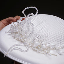 Load image into Gallery viewer, Elegant White Bridal Hat with Beaded Flower Detail