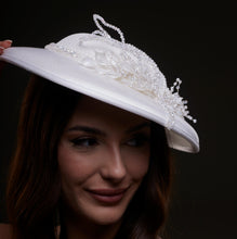 Load image into Gallery viewer, Elegant White Bridal Hat with Beaded Flower Detail
