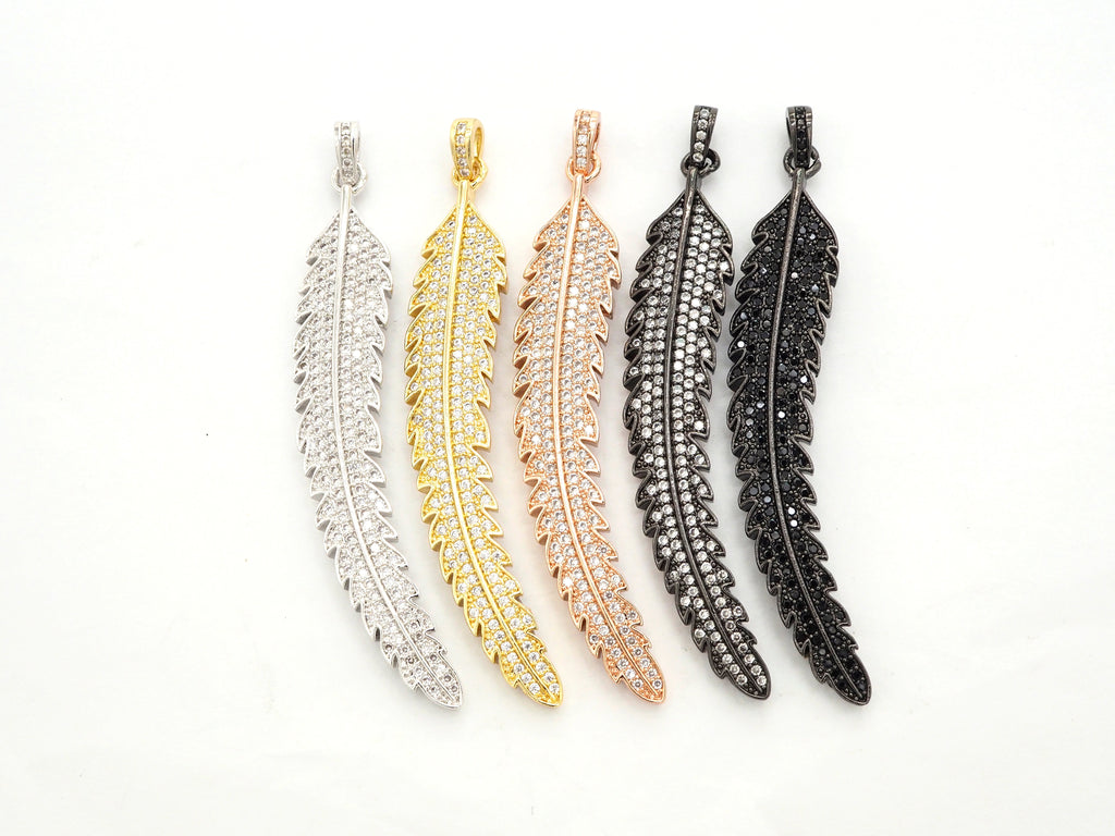 61mm Long CZ Micro Pave Feather Leaf Pendant, Gold/Rose gold/Black/Silver,  Cubic Zirconia Pave Pendant/Charm,sku#F510