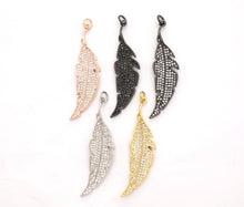 Load image into Gallery viewer, CZ Micro Pave Leaf Feather Pendant, Gold/Rose gold/Silver/Black plated, Cubic Zirconia leaf Pendant/Charm,46x12mm,sku#F511