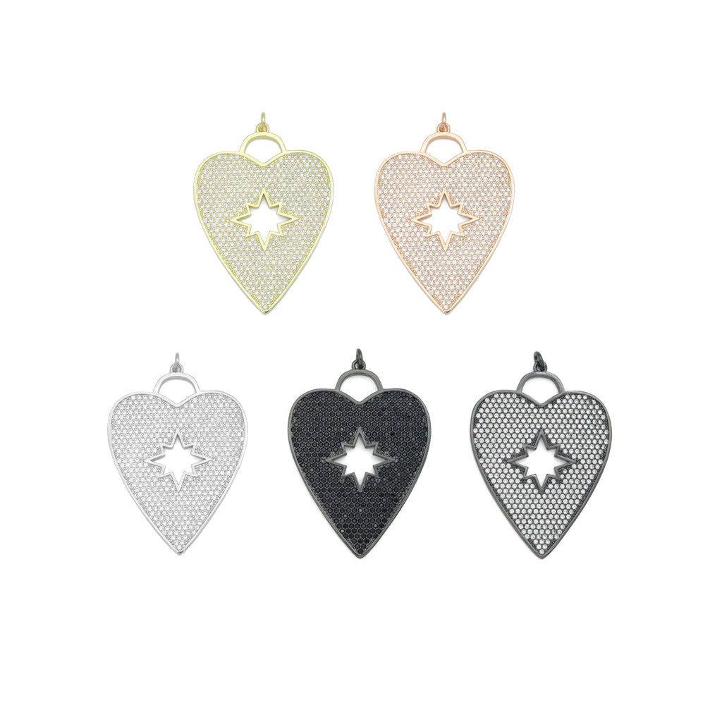 CZ Micro Pave Heart Pendant/Focal with Hollow out Star, Cubic Zirconia Large Heart Pendant Charm,48x33mm,sku#F519