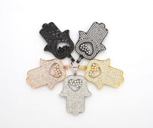 Load image into Gallery viewer, CZ Micro Pave Hamsa Hand with Heart Pendant, Cubic Zirconia Large Hamsa hand Pendant, Gold/Silver/Black/Rose Gold 27x35mm,SKU#F521
