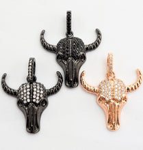 Load image into Gallery viewer, CZ Micro Pave Bull Skull Pendant, CZ Long Horn Charms,ox head, Bull Horn Charms, Antelope Head Pendant, Black/Rose Gold, 22mm,SKU#F548