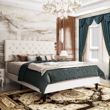 Load image into Gallery viewer, Full White Faux Leather Upholstered Platform Bed with Button-Tufted Headboard