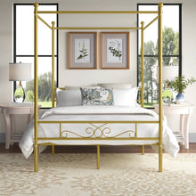 Load image into Gallery viewer, Full size French Country Four Poster Metal Canopy Bed in Gold Finish