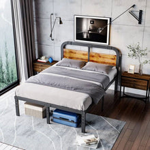 Load image into Gallery viewer, Full size Heavy Duty Black Metal Bed Frame with Solid Wood Panel Headboard