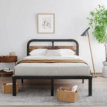 Load image into Gallery viewer, Full size Heavy Duty Black Metal Bed Frame with Solid Wood Panel Headboard