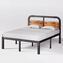 Load image into Gallery viewer, Full size Heavy Duty Black Metal Bed Frame with Solid Wood Panel Headboard