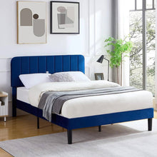 Load image into Gallery viewer, Full size Blue Upholstered Platform Bed Frame with Headboard