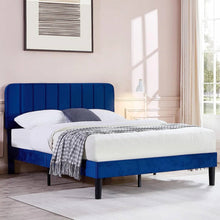 Load image into Gallery viewer, Full size Blue Upholstered Platform Bed Frame with Headboard