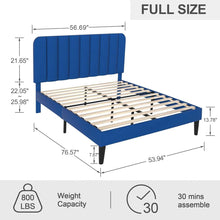 Load image into Gallery viewer, Full size Blue Upholstered Platform Bed Frame with Headboard