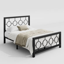 Load image into Gallery viewer, Full Black Metal Platform Bed Frame with Circle Medallion Headboard Footboard