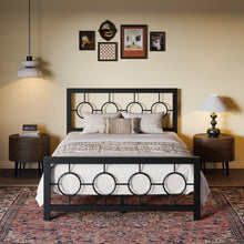 Load image into Gallery viewer, Full Black Metal Platform Bed Frame with Circle Medallion Headboard Footboard
