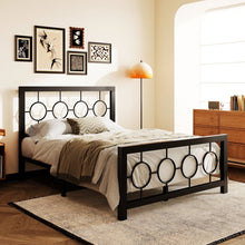 Load image into Gallery viewer, Full Black Metal Platform Bed Frame with Circle Medallion Headboard Footboard