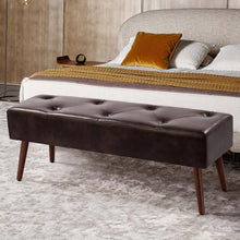 Load image into Gallery viewer, Mid-Century Bed Bench with Dark Brown Leather Upholstered Seat Solid Wood Legs
