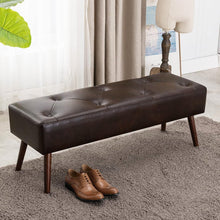 Load image into Gallery viewer, Mid-Century Bed Bench with Dark Brown Leather Upholstered Seat Solid Wood Legs