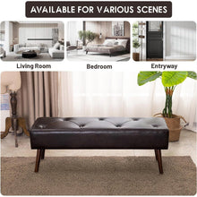 Load image into Gallery viewer, Mid-Century Bed Bench with Dark Brown Leather Upholstered Seat Solid Wood Legs