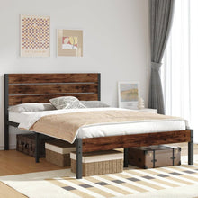 Load image into Gallery viewer, Full size Modern Farmhouse Metal Platform Bed Frame with Brown Wood Headboard
