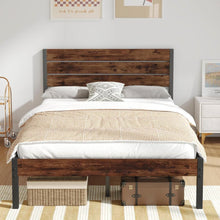 Load image into Gallery viewer, Full size Modern Farmhouse Metal Platform Bed Frame with Brown Wood Headboard