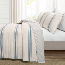 Load image into Gallery viewer, Full/Queen Blue Off-White Stripe 3 Piece Reversible Cotton Quilt Set