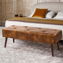 Load image into Gallery viewer, Mid-Century End of Bed Bench with Brown Leather Upholstered Seat Solid Wood Legs