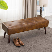 Load image into Gallery viewer, Mid-Century End of Bed Bench with Brown Leather Upholstered Seat Solid Wood Legs