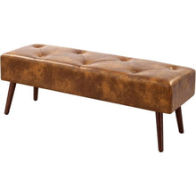 Load image into Gallery viewer, Mid-Century End of Bed Bench with Brown Leather Upholstered Seat Solid Wood Legs