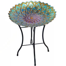 Load image into Gallery viewer, Round 18-inch Peacock Style Glass Mosaic Flower Birdbath with Metal Stand