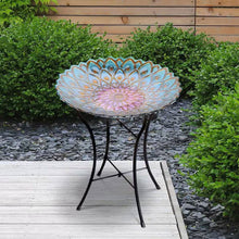 Load image into Gallery viewer, Round 18-inch Peacock Style Glass Mosaic Flower Birdbath with Metal Stand