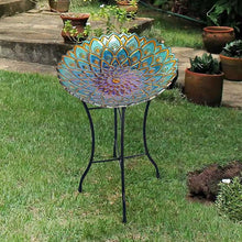 Load image into Gallery viewer, Round 18-inch Peacock Style Glass Mosaic Flower Birdbath with Metal Stand