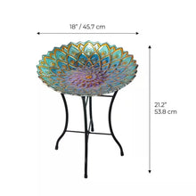 Load image into Gallery viewer, Round 18-inch Peacock Style Glass Mosaic Flower Birdbath with Metal Stand