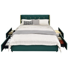 Load image into Gallery viewer, Full Size Green/Gold Linen Headboard 4 Drawer Storage Platform Bed