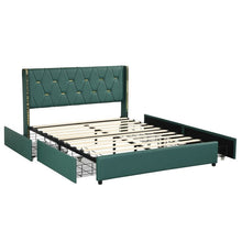 Load image into Gallery viewer, Full Size Green/Gold Linen Headboard 4 Drawer Storage Platform Bed