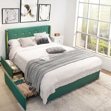 Load image into Gallery viewer, Full Size Green/Gold Linen Headboard 4 Drawer Storage Platform Bed