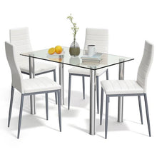 Load image into Gallery viewer, Modern 5-Piece Dining Set with Glass Top Table and 4 White PVC Leather Chairs