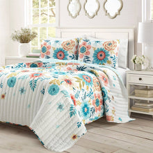 Load image into Gallery viewer, Full/Queen Lightweight Floral Teal Blue Pink White 3-Piece Polyester Quilt Set