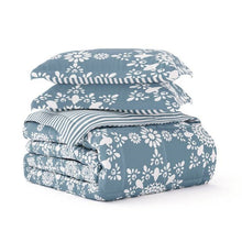 Load image into Gallery viewer, Full/Queen size 3-Piece Blue and White Reversible Floral Striped Comforter Set