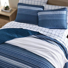 Load image into Gallery viewer, Full/Queen Size Coastal Blue Stripe Reversible Cotton Quilt Set