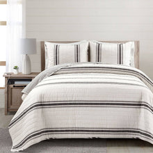 Load image into Gallery viewer, Full/Queen Black Off-White Cream Stripe Reversible Cotton 3-Piece Quilt Set