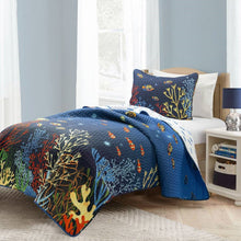Load image into Gallery viewer, Full/Queen 3 Piece Ocean Navy Blue Clown Fish Coral Reef Reversible Quilt Set