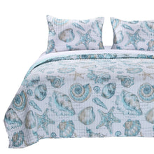 Load image into Gallery viewer, Full / Queen Coastal Seashells White Teal 3 Piece Polyester Reversible Quilt Set