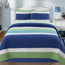 Load image into Gallery viewer, Full/Queen Navy Blue/Green/Teal/White Stripe 100-Percent Cotton Quilt Set