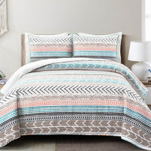 Load image into Gallery viewer, King Scandinavian Chevron Teal White Orange Brown Reversible Cotton Quilt Set
