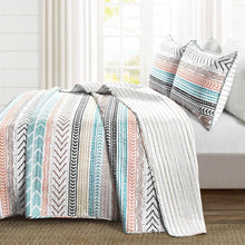 Load image into Gallery viewer, King Scandinavian Chevron Teal White Orange Brown Reversible Cotton Quilt Set