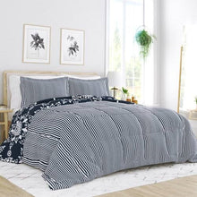 Load image into Gallery viewer, Full/Queen size 3-Piece Navy Blue White Reversible Floral Striped Comforter Set