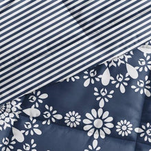 Load image into Gallery viewer, Full/Queen size 3-Piece Navy Blue White Reversible Floral Striped Comforter Set