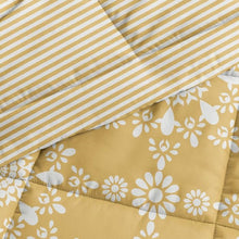 Load image into Gallery viewer, Full/Queen size 3-Piece Yellow White Reversible Floral Striped Comforter Set